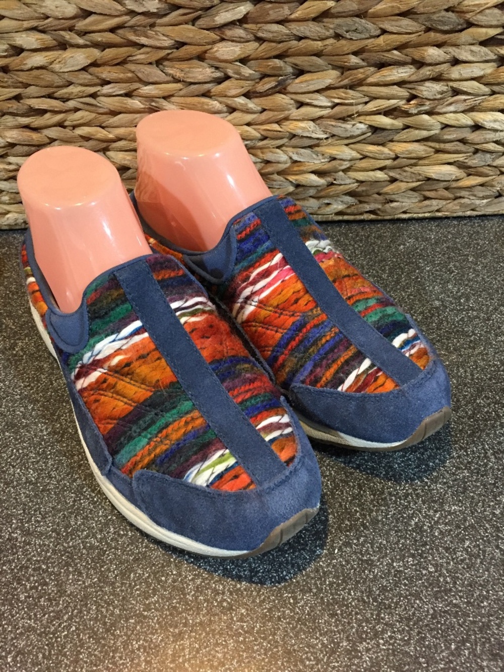 Easy Spirit Travel Time Multicolor Striped Slip-On Shoes with Blue Suede Trim